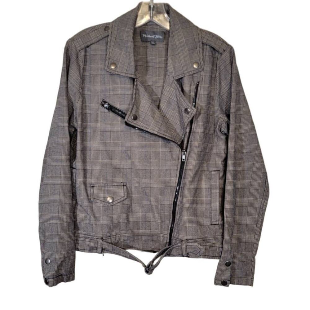 Michael Stars Women's Glen Plaid Moto Denim Jacket Front Asymmetrical Zip Medium